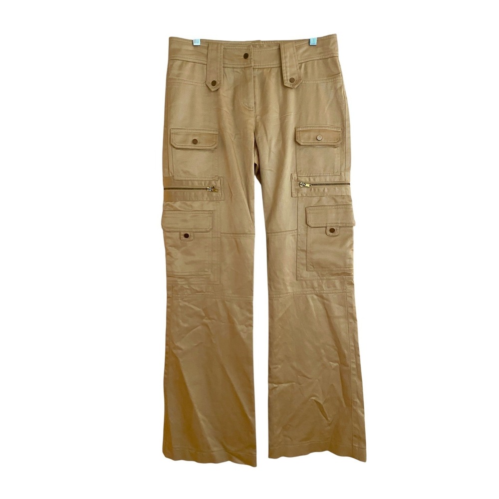 Caché Y2K Vintage Gold Satin Cargo Pants Low Rise Flare Posh Spice Girl EUC Sz 6
